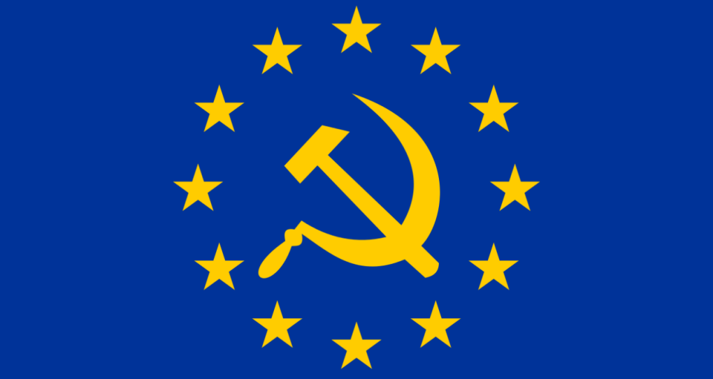 Euroopan Unionin lippu. Sininen tausta, jossa keltaisia tähtiä ympyränä. Niiden sisällä on sirppi ja vasara.